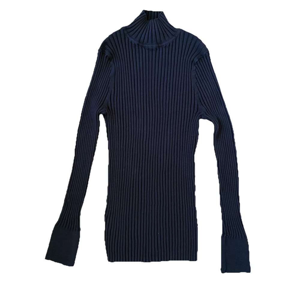 Ann Taylor Loft Blue Rib Knit Shirt Women Medium Mock Neck Long Sleeve Retro Y2K